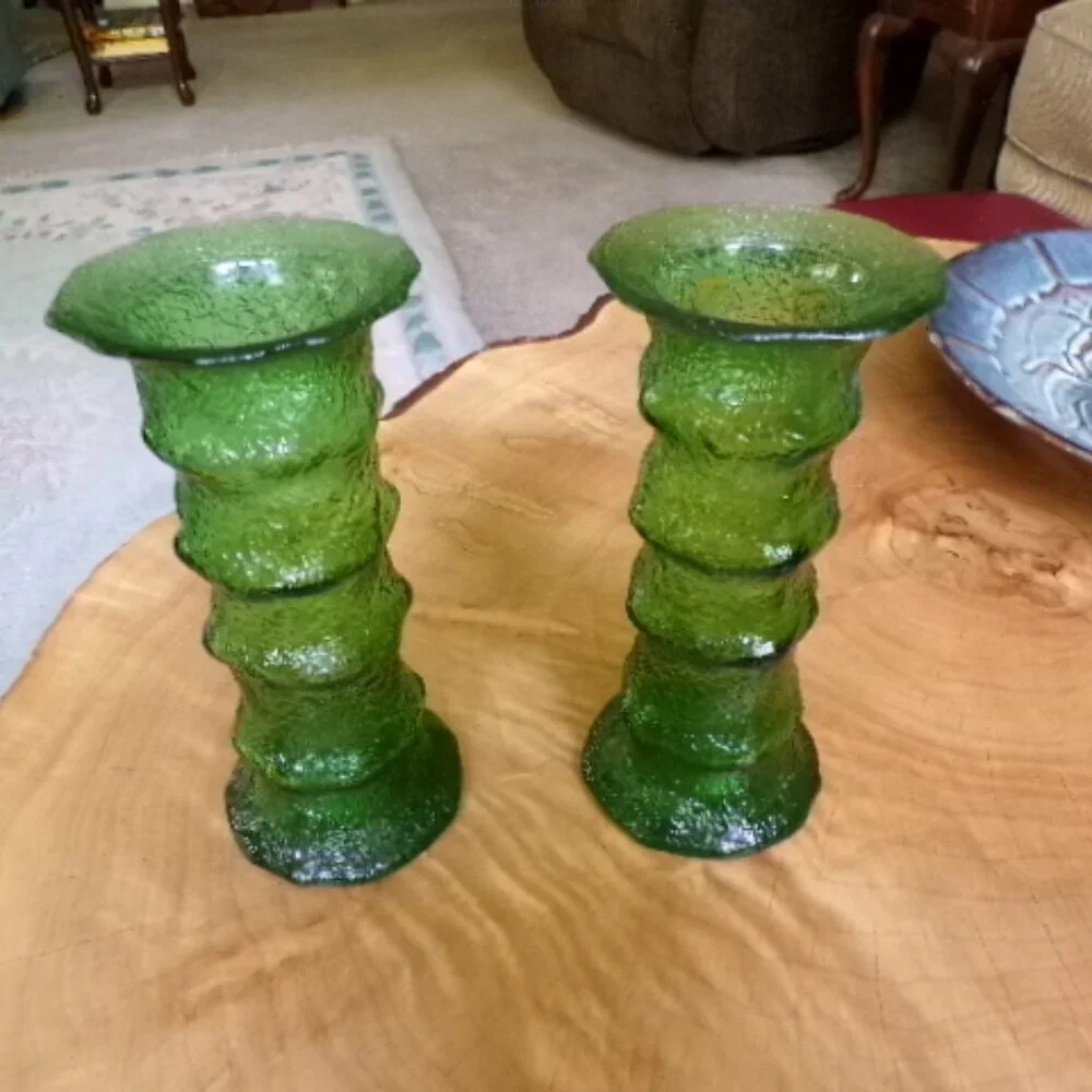 ✨️💐Rare E.O. Brody Emerald Crinkle Glass Vases/Candleholders  🇺🇸 USA Made